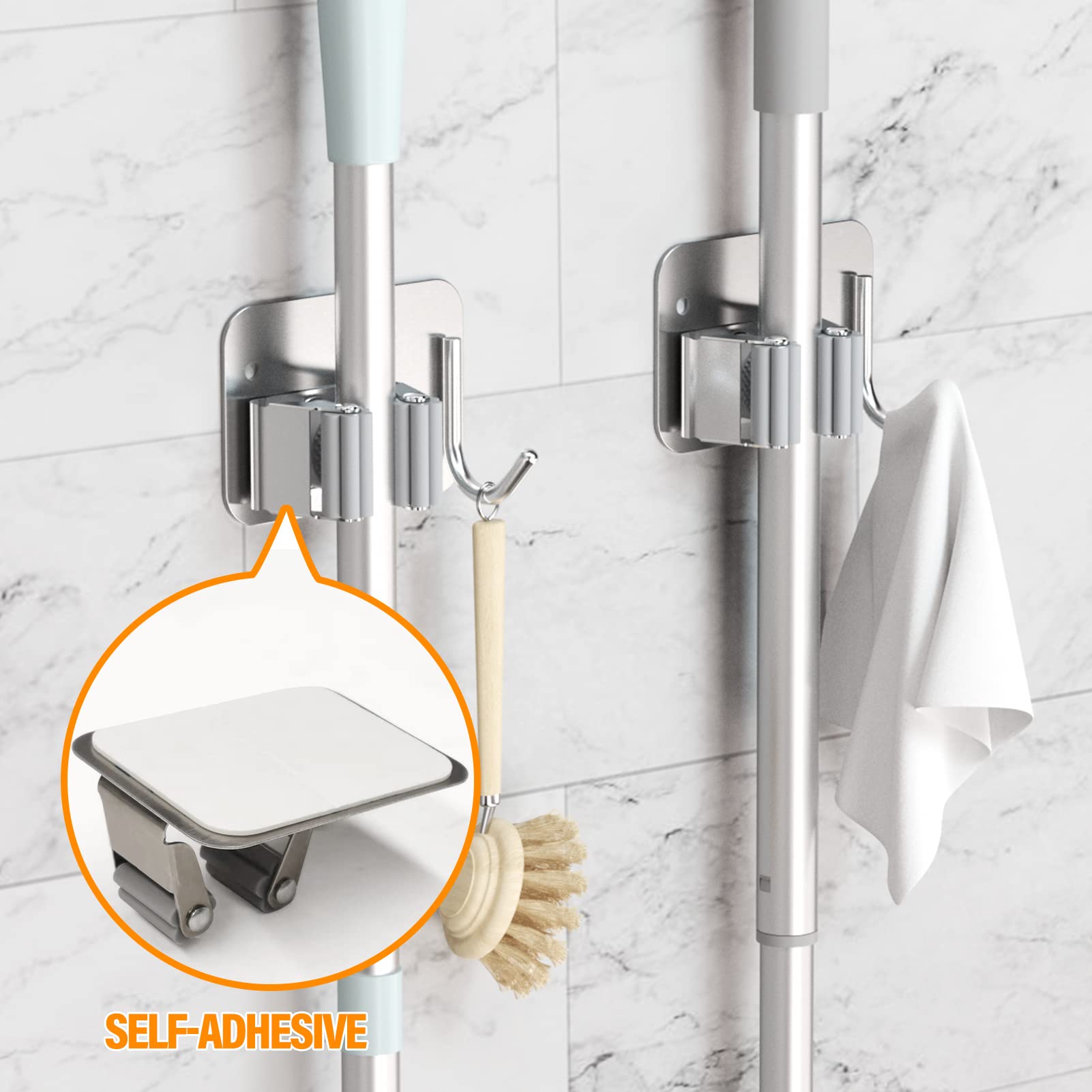 HASTHIP 2 Pcs Mop Broom Holder Wall Mount, Adhesive Heavy Duty SUS304 Stainless Steel Mop and Broom Holder with Hook, for Mops up to 2.8 cm in Diameter (8 * 6.5 * 4 cm) HASTHIP 2 Pcs Mop Broom Holder Wall Mount, Adhesive Heavy Duty SUS304 Stainless Steel Mop and Broom Holder with Hook, for Mops up to 2.8 cm in Diameter (8 * 6.5 * 4 cm)